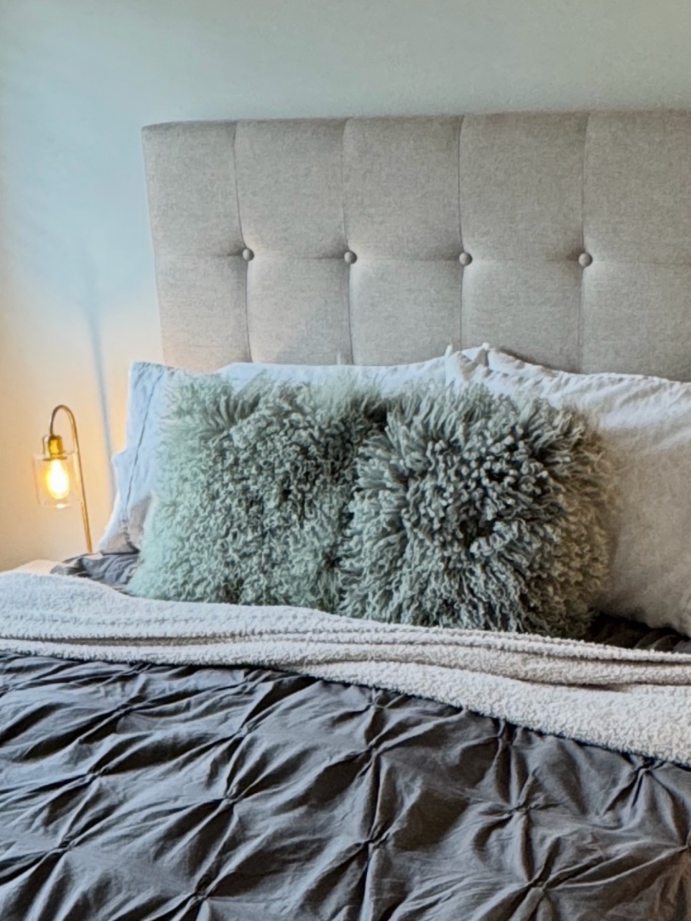 West Elm Gray Mongolian Lamb Pillowcase + Insert Pillows - Set of 2 Pair